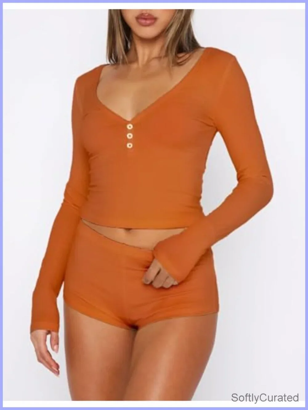 Ribbed Knit Modal Pajama Set Long Sleeve Crop Top Button Down V Neck Fitted